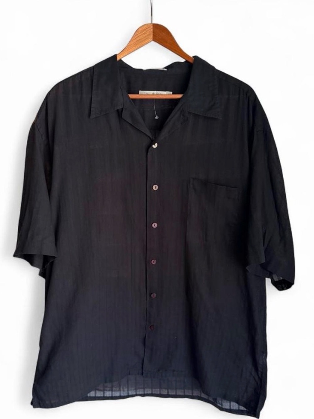 Vintage Burma Bibas Black Sheer Cotton Short-Sleeve Shirt XL Made in HK Stripe